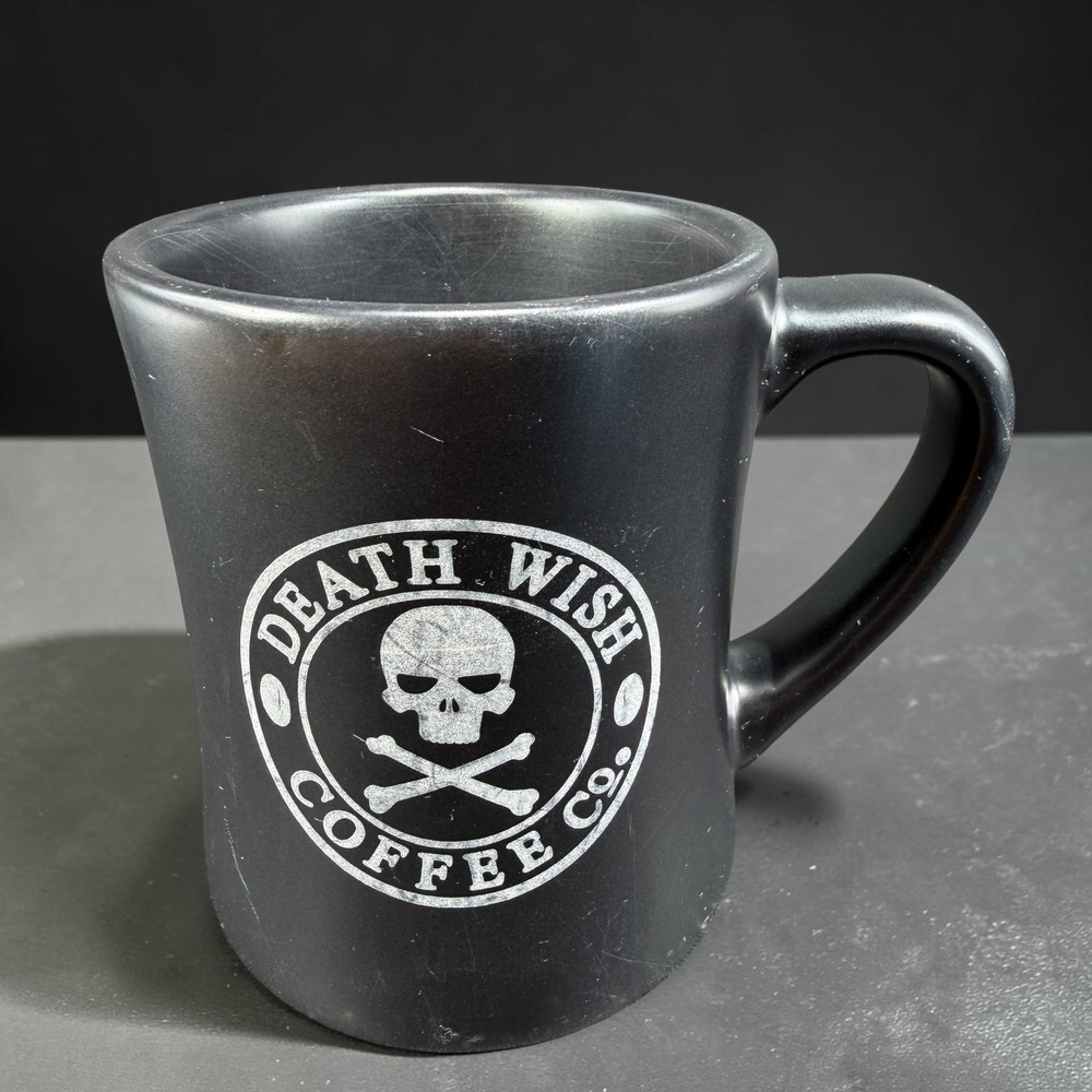 Death Wish Coffee Co Mug Matte Black Skull Apocalypse Quote Made in USA 4in Tall